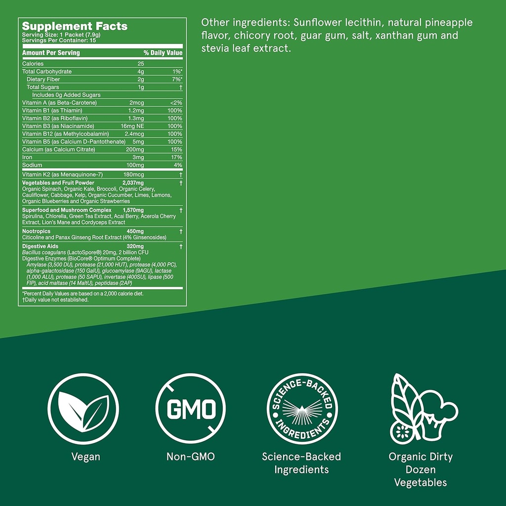 Bulletproof Greens, 8.4 Ounces, Daily Greens Powder for Daily Wellness, 35 Superfoods, and 15 Count Greens Packets Bundle 4