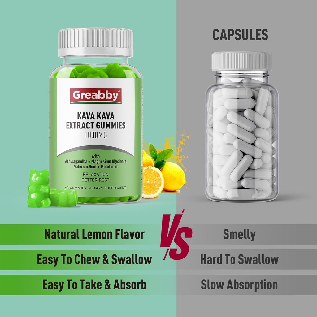 Kava Kava Gummies 1000mg Per Serving, Sleep Support, Natural Lemon Flavor, 60 Vegan Gummies, Stress Relief & Relaxation Supplement 3