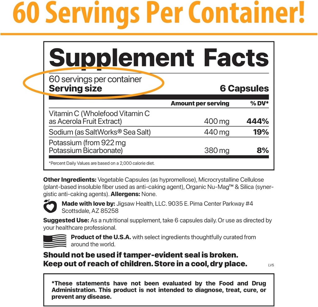 Jigsaw Health Adrenal Cocktail + Wholefood Vitamin C | with Potassium Bicarbonate, Sea Salt, and Acerola Cherry Extract | 360 Capsules | 60 Servings 3