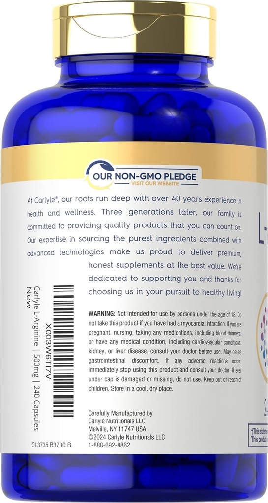 Carlyle L-Arginine 500mg Capsules | 240 Count | Free Form | Non-GMO & Gluten Free Supplement 4