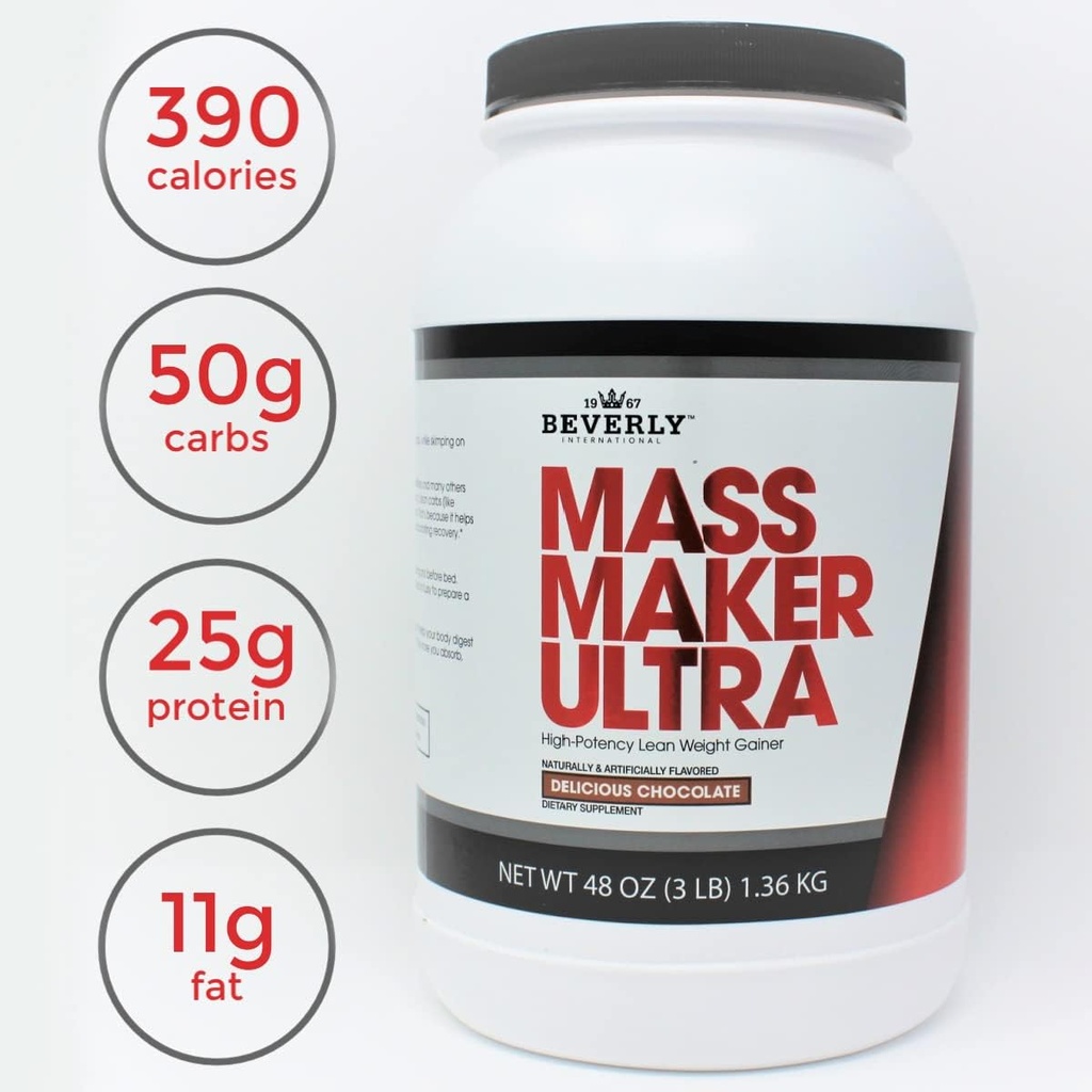 Beverly International Mass Maker Ultra Chocolate, 14 Servings, 3lb. Build Lean Mass Like a Pro. Milk Protein Isolate, Whey Protein Isolate + Egg. MCT Oil. Clean Carbs, Great Taste 5