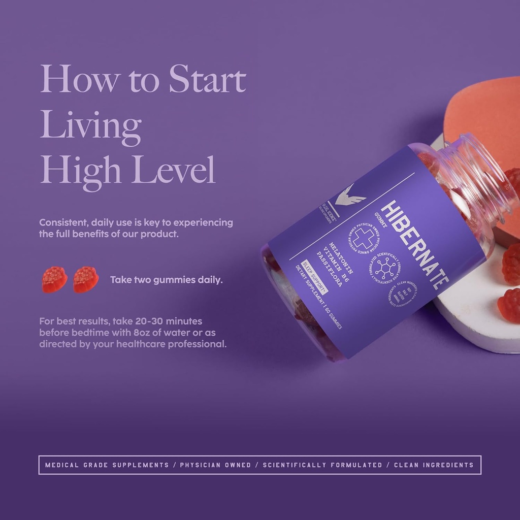 High Level Hibernate Sleep Gummies Adult, Passion Fruit Gummy with Melatonin, Vitamin B6 & Passiflora, Extra Strength, Non Habit Forming, Vegan, Gluten Free, 60 Count, Sleep Support Supplement 6