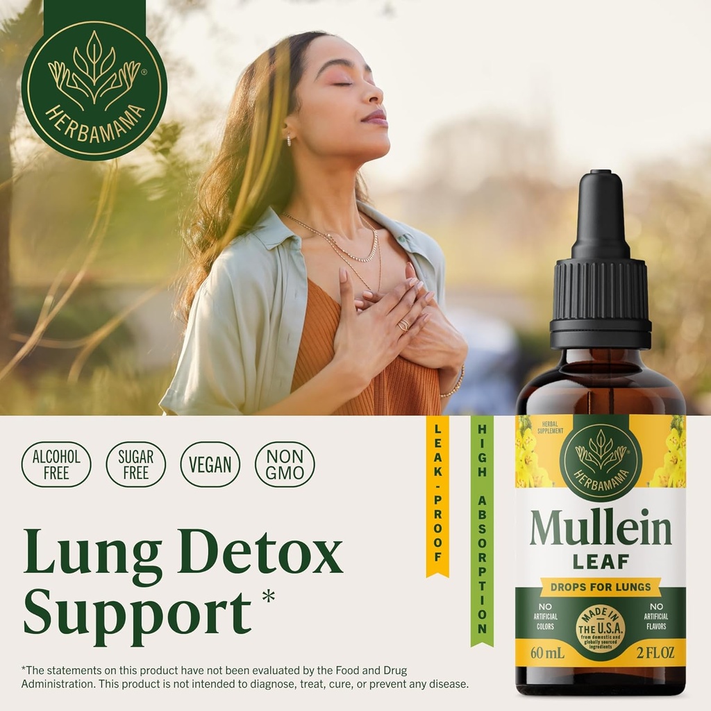 HERBAMAMA Mullein Drops for Lungs - Vegan Mullein Leaf Extract for Lungs Cleanse Support - Non-GMO, Alcohol & Sugar-Free Respiratory Supplement, 28-Day Supply 3
