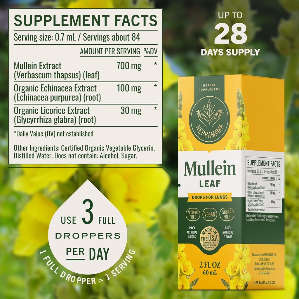 HERBAMAMA Mullein Drops for Lungs - Vegan Mullein Leaf Extract for Lungs Cleanse Support - Non-GMO, Alcohol & Sugar-Free Respiratory Supplement, 28-Day Supply 4