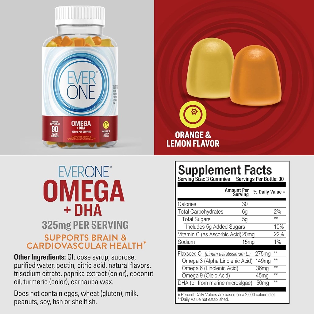 Omega Fish Oil Gummies for Adults and Teens with DHA - Support Brain and Cardiovascular Health Supplement - Vegan, Gelatin Free, GMO Free - Delicious Orange and Lemon Flavored with Omega 3, 6, and 9 6