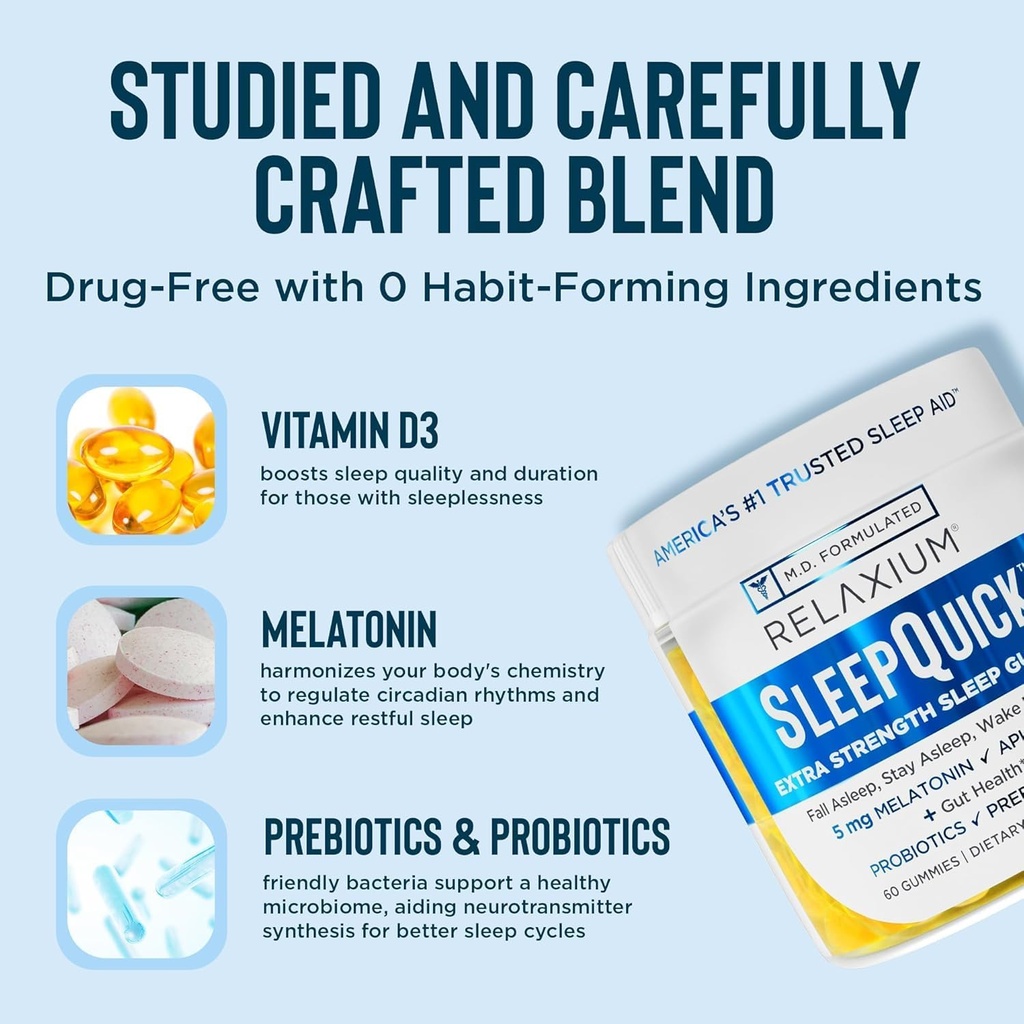 Relaxium Sleep Quick Gummy, Sleep Aid Support, 5 mg Melatonin, Vitamin D-3, Prebiotic & Probiotic Blend, Gluten & Drug Free, Lemon Flavor, 60 Gummies 6