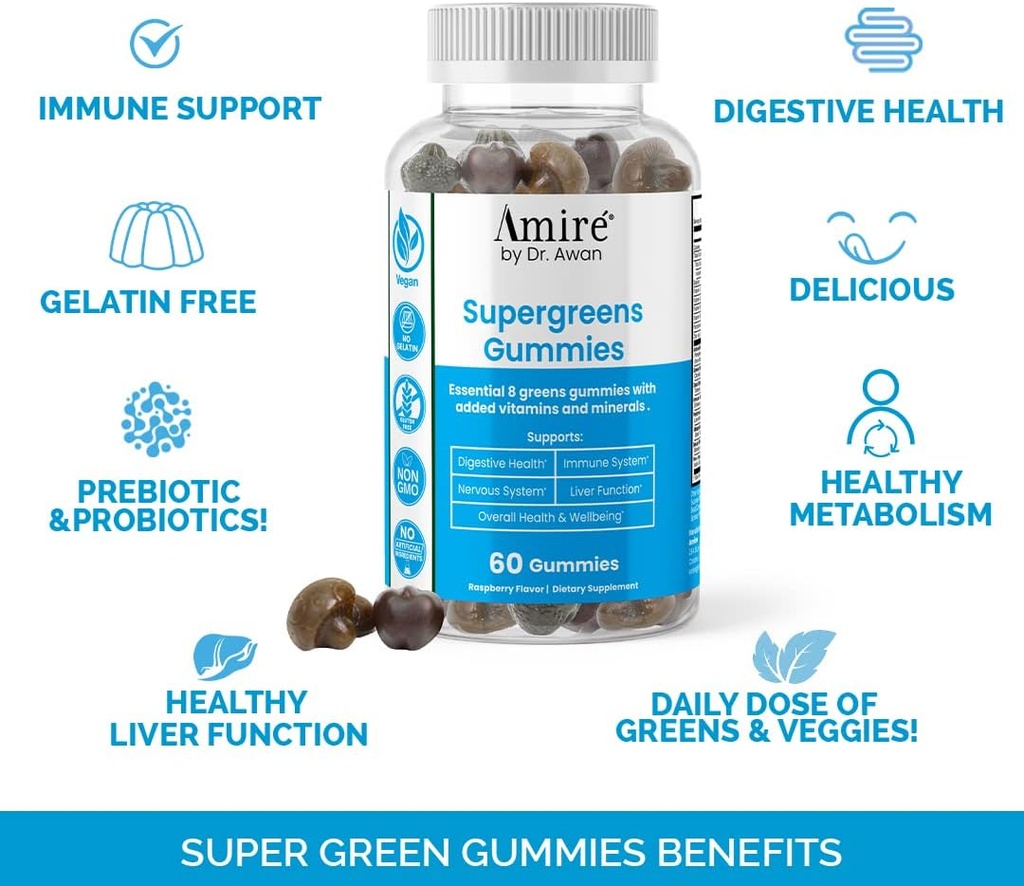Amire by Dr. Awan Super Greens Gummies, Fruits & Veggies Supplement, Green Superfood for Immunity, Metabolism, Liver Function & Nervous System, Essential 8 Greens, 120ct, 60day Supply 4