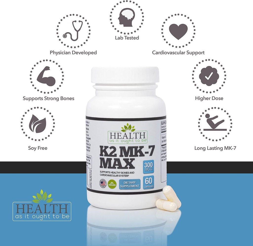 Health As It Ought To Be Vitamin K2 MK7 MAX Extra Strength 300mcg Supplemeny | Soy Free, Proven Bioavailability & Safety | 60 Capsules 4