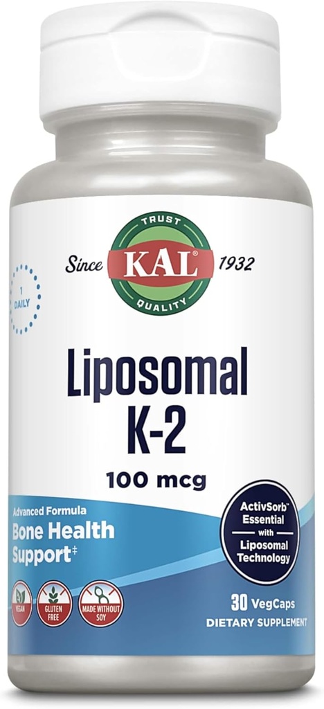 KAL Liposomal Vitamin K2 Supplement with MK7 100 mcg - High Absorption, Liposomal Technology - Advanced Bone Support - Vegan, Gluten Free, Made Without Soy, 30 Servings, 30 VegCaps 2