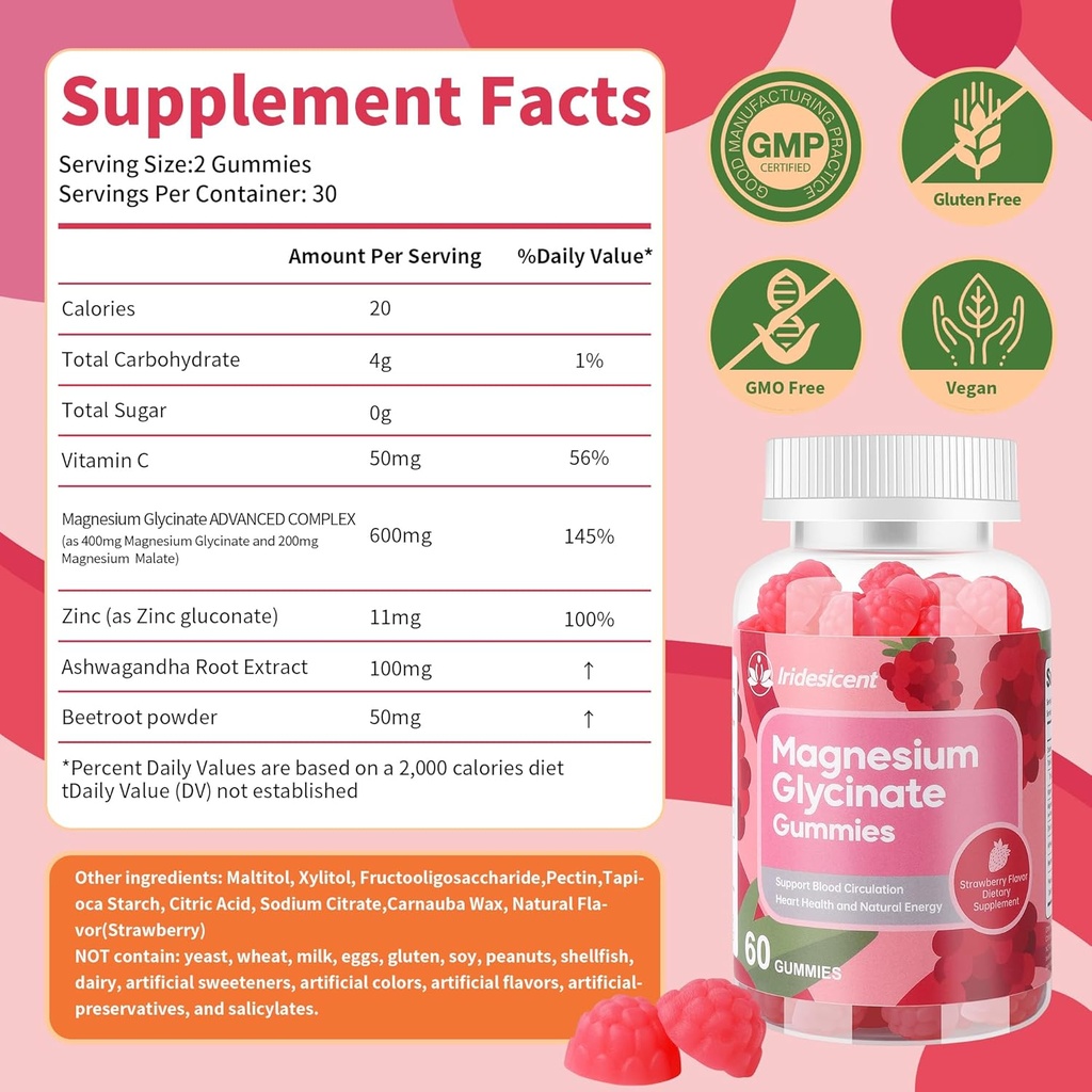 Magnesium Glycinate Gummies 400mg, Sugar Free Magnesium Supplement w/Ashwagandha, Zinc, Vegan Magnesium Glycinate Supplement for Adults - 120 Strawberry Gummies 3