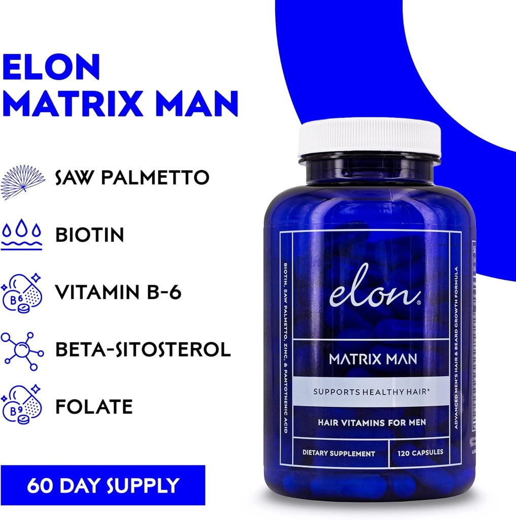 Elon Matrix Man - 60 Day Supply - Hair Growth Vitamins for Men – Saw Palmetto & Biotin Advanced Formula Vitamins – Promotes Healthy Beard Growth – (120 Capsules) 5