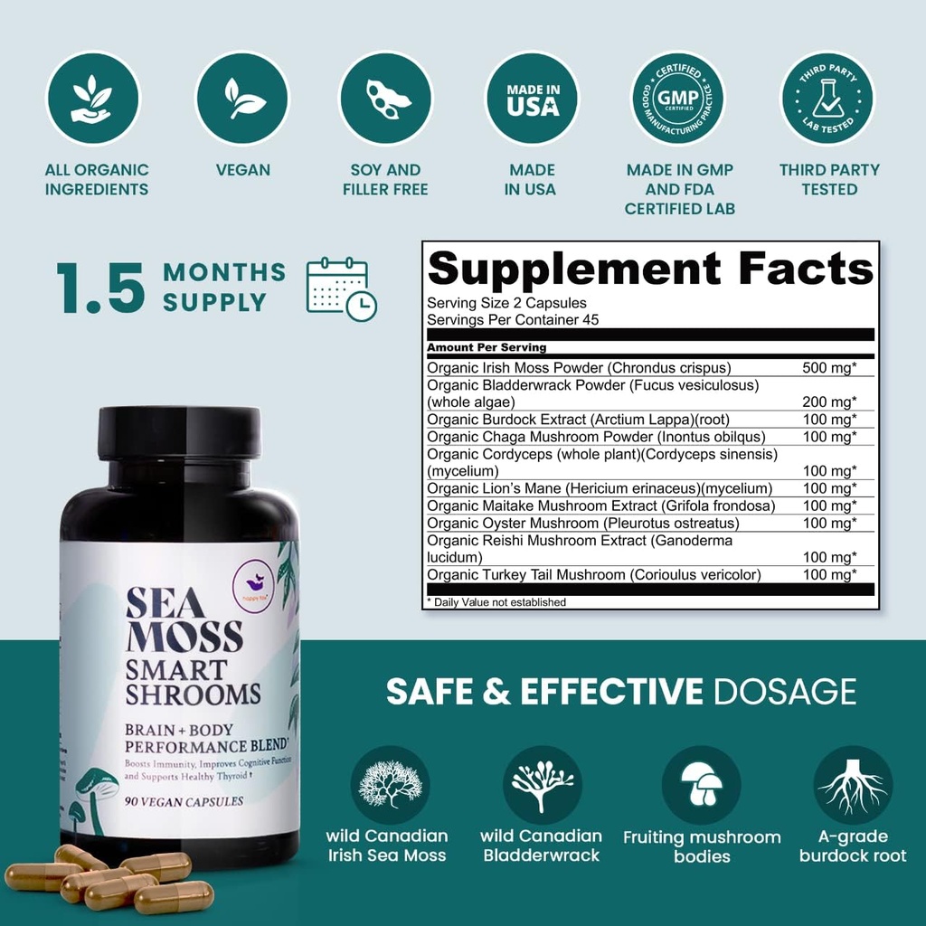 HAPPY FOX Brain & Body Convenience Capsules Bundle - Organic Sea Moss Gel & Smart Shrooms Capsules - Irish Sea Moss & Mushroom Complex, Nootropic Brain Supplements for Memory & Focus 6