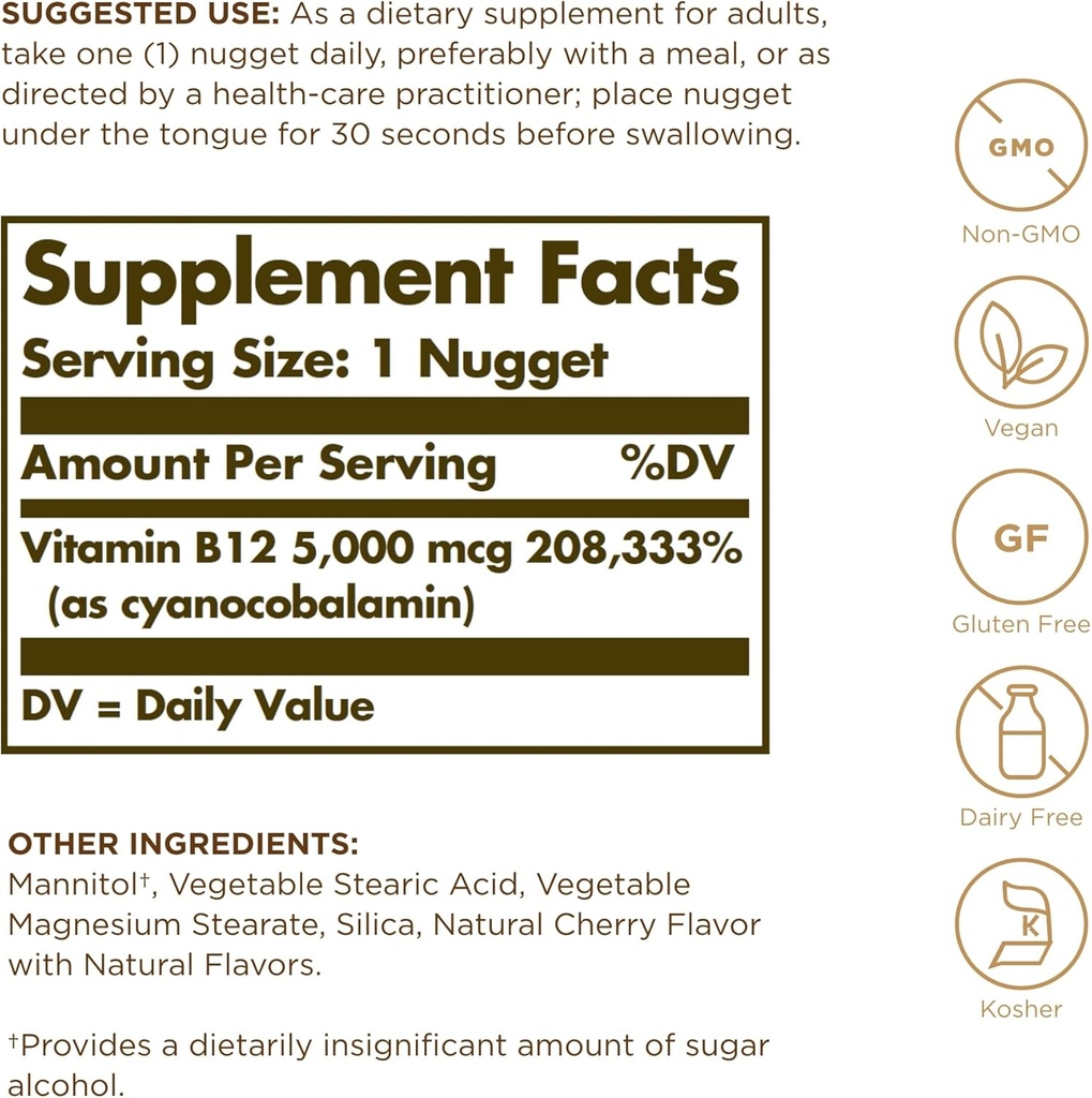 Solgar Megasorb Vitamin B12 5000 mcg - 30 Nuggets - Non-GMO, Vegan, Gluten Free, Dairy Free, Kosher - 30 Servings 3