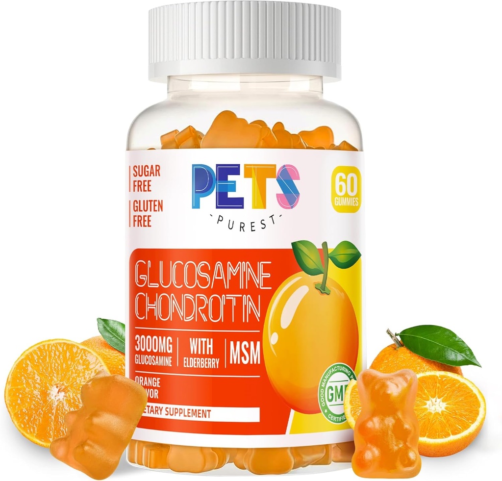 Pets Purest Glucosamine Chondroitin Gummies with MSM & Elderberry Extra Strength - Joint Support, Antioxidant Immune Support Supplement for Adults, Men & Women.Orange 2