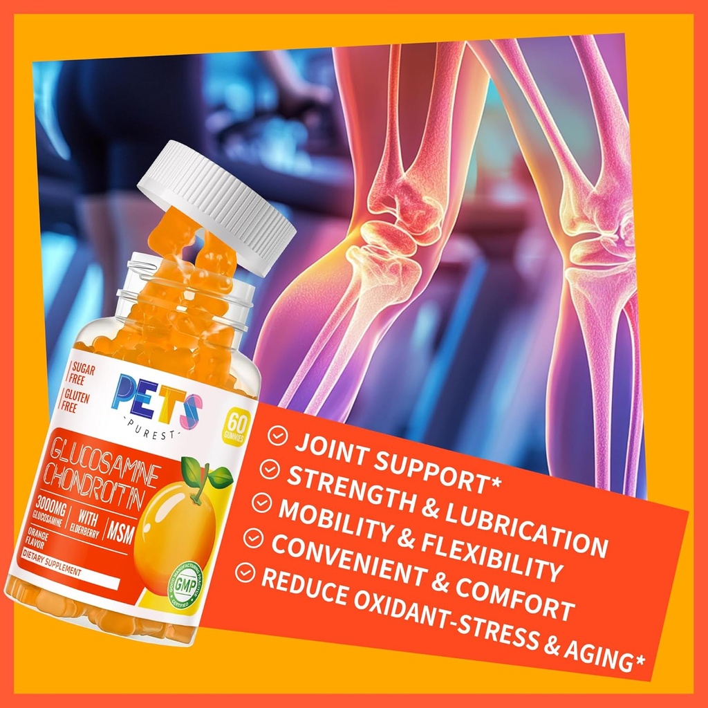 Pets Purest Glucosamine Chondroitin Gummies with MSM & Elderberry Extra Strength - Joint Support, Antioxidant Immune Support Supplement for Adults, Men & Women.Orange 5