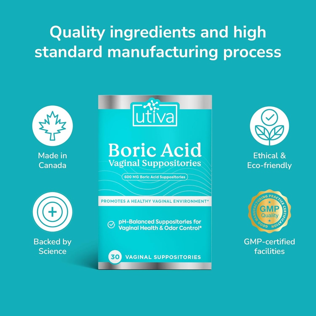 Utiva Boric Acid Suppositories for Women - pH Balance - Feminine Care - 600mg Boric Acid to Lower pH and Support Vaginal Health, BV Treatment for Women, 30 Vaginal Suppositories 3