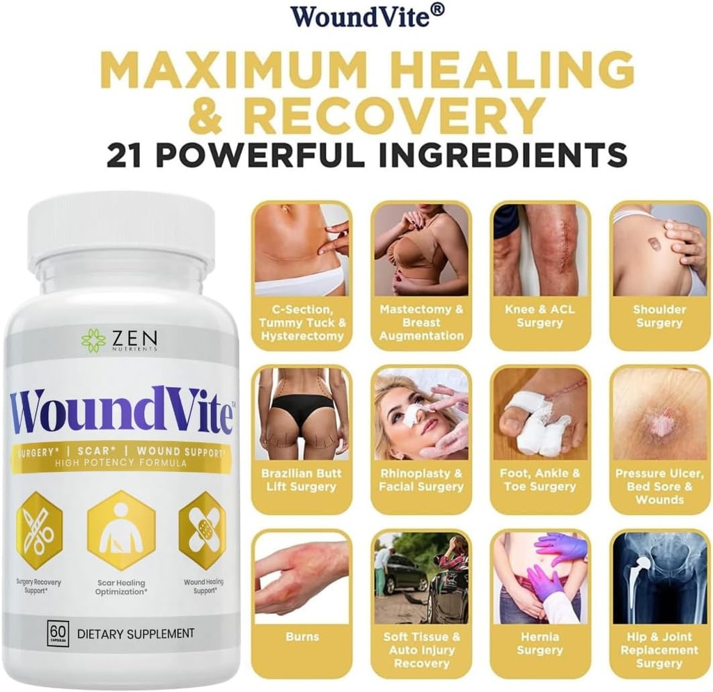 Zen Nutrients WoundVite Pre & Post Surgery Support, Scar & Wound Care, Scar Treatment, Plastic & General Surgery, Heal Faster & Aids in Recovery Time w/Bromelain, Turmeric & Arnica - 60 Vegan Caps 3