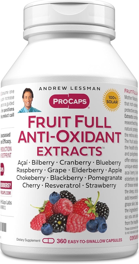 ANDREW LESSMAN Fruit Full Anti-Oxidant Extracts 360 Capsules - 14 Natural Fruit and Berry Extracts. Bilberry, Cranberry, Grape Seed, Pomegranate, Resveratrol, and More. Easy to Swallow Capsules 2