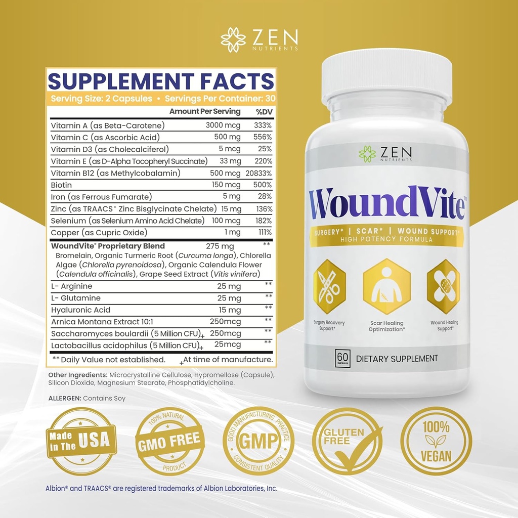 Zen Nutrients WoundVite Pre & Post Surgery Support, Scar & Wound Care, Scar Treatment, Plastic & General Surgery, Heal Faster & Aids in Recovery Time w/Bromelain, Turmeric & Arnica - 60 Vegan Caps 4