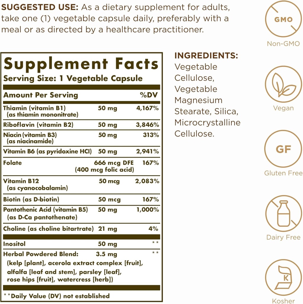 Solgar B-Complex “50” - 100 Vegetable Capsules - Energy Metabolism & Nervous System Support - Non-GMO, Vegan, Gluten Free - 100 Servings 3