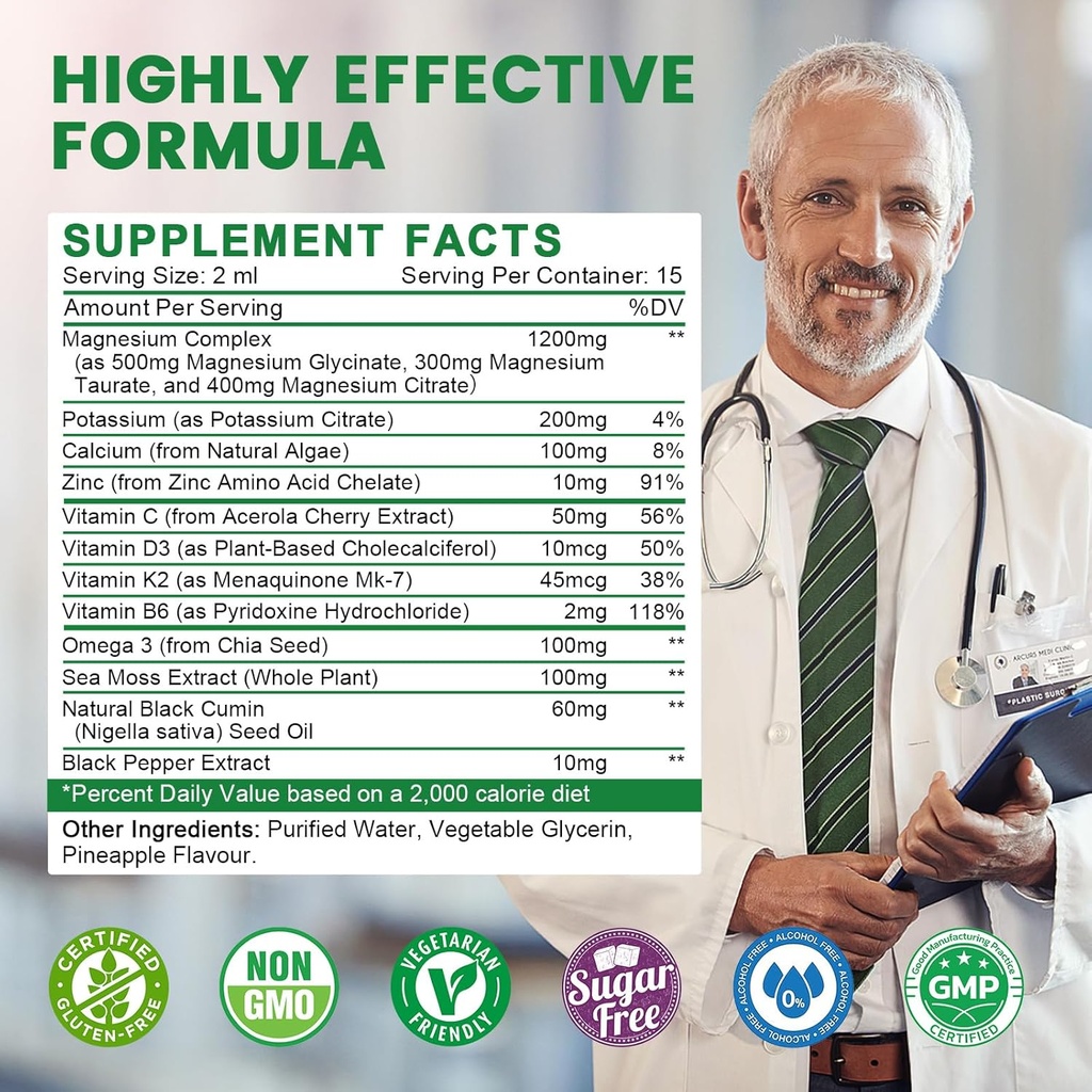 (2 Pack) Potassium Magnesium Supplement for Immune Health & Muscle Support, High Absorption, Triple Magnesium Complex with Glycinate, Taurate, Citrate and Potassium, Pineapple Flavour, 1 Fl Oz 3