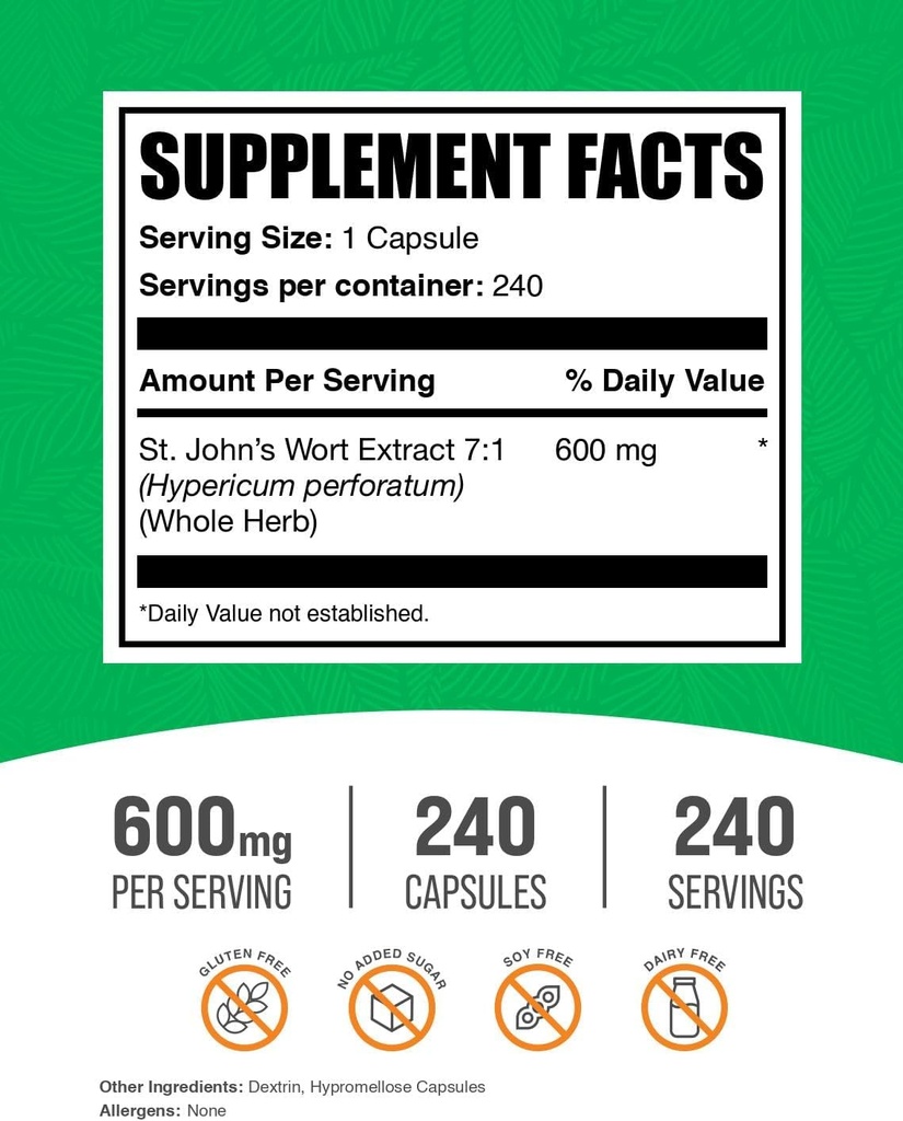 BulkSupplements.com St. Johns Wort Capsules - Hypericum Perforatum, St. John's Wort Herbal Supplements - Vegan, 1 Capsule per Serving, 240 Veg Capsules (Pack of 1) 3