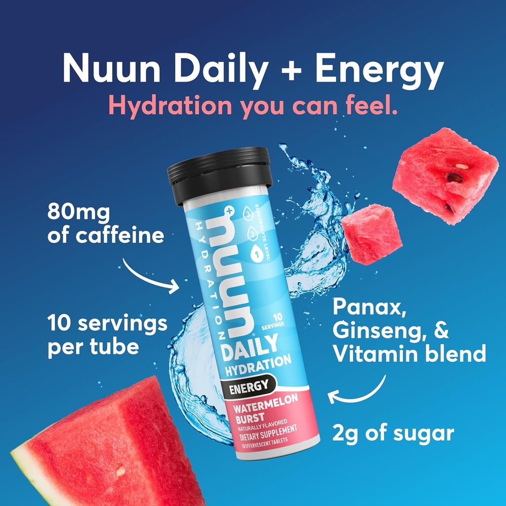 Nuun Energy Electrolyte Tablets with Ginseng, Caffeine from Green Tea Extract, Vitamin B12, B6, B5, Magnesium & 4 Other Electrolytes, Gluten Free & Vegan, Watermelon Burst, 8 Pack (80 Servings Total) 3