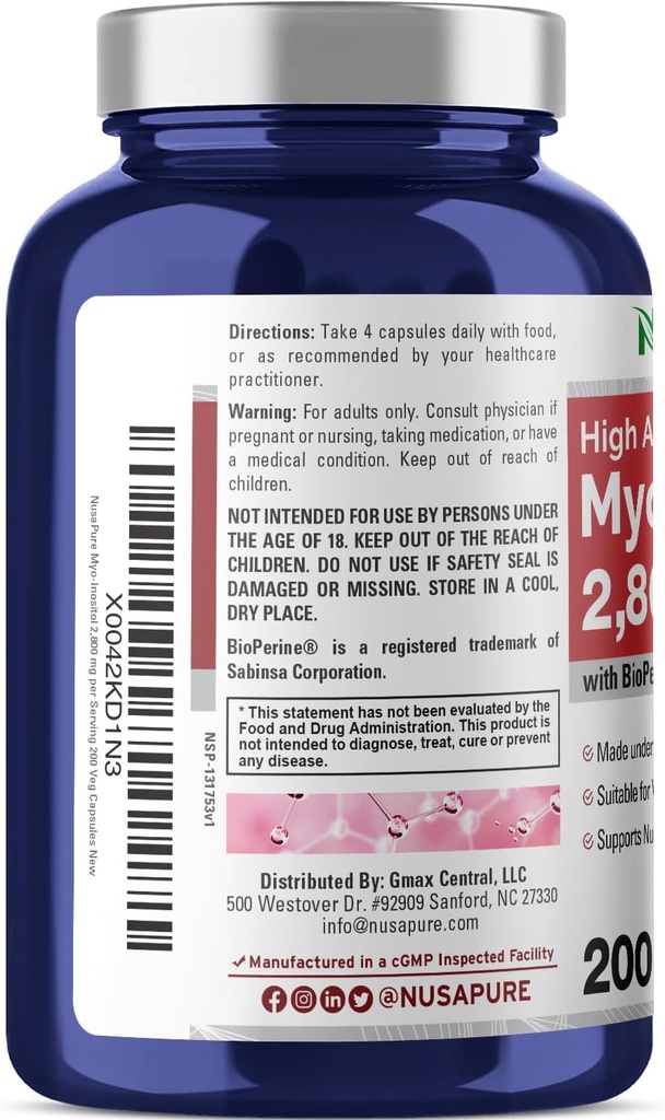 NusaPure Myo-Inositol 2800mg, 200 Capsules, Extra Strength Supplement, Non-GMO 4