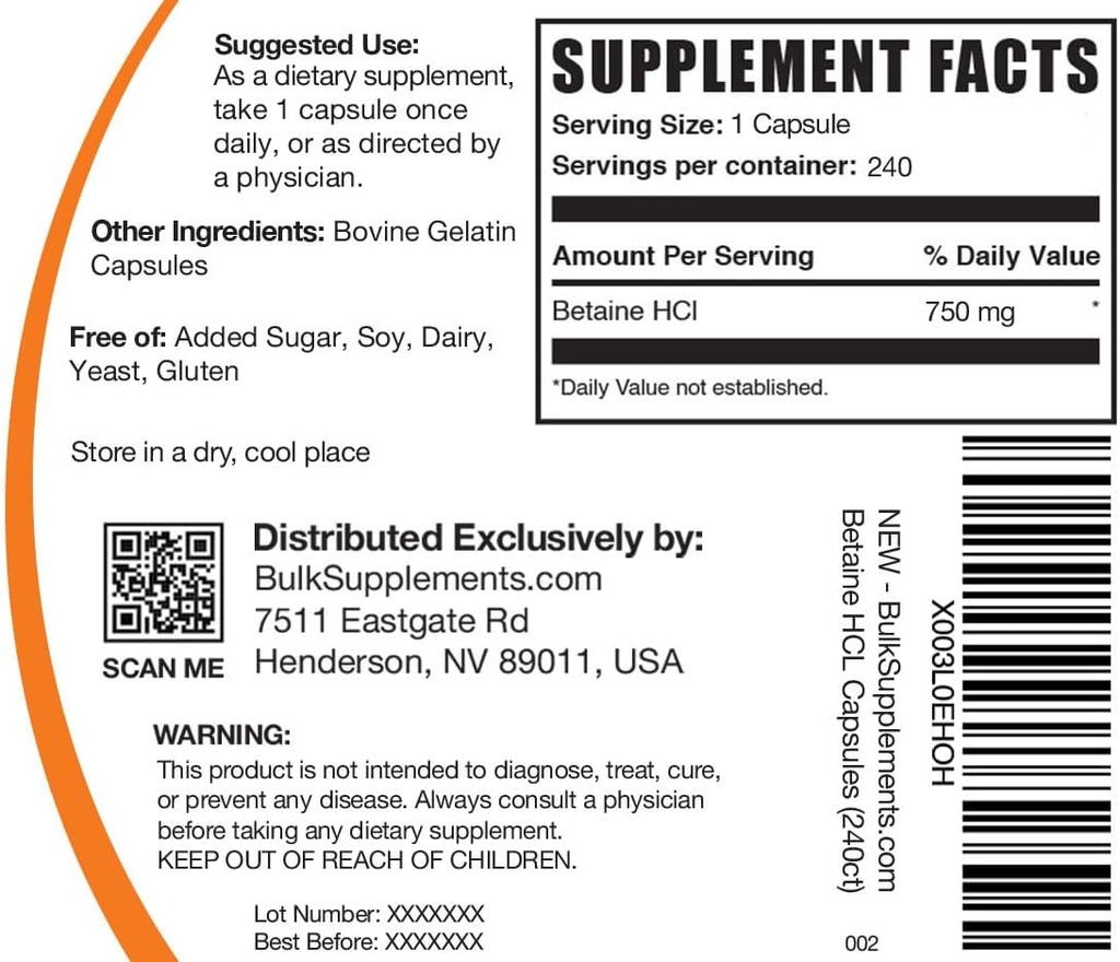 BulkSupplements.com Betaine HCl Capsules - Betaine Hydrochloride Supplement for Digestive Support, Betaine HCl 750mg - Gluten Free, 1 Capsule per Serving, 240 Capsules (Pack of 1) 3