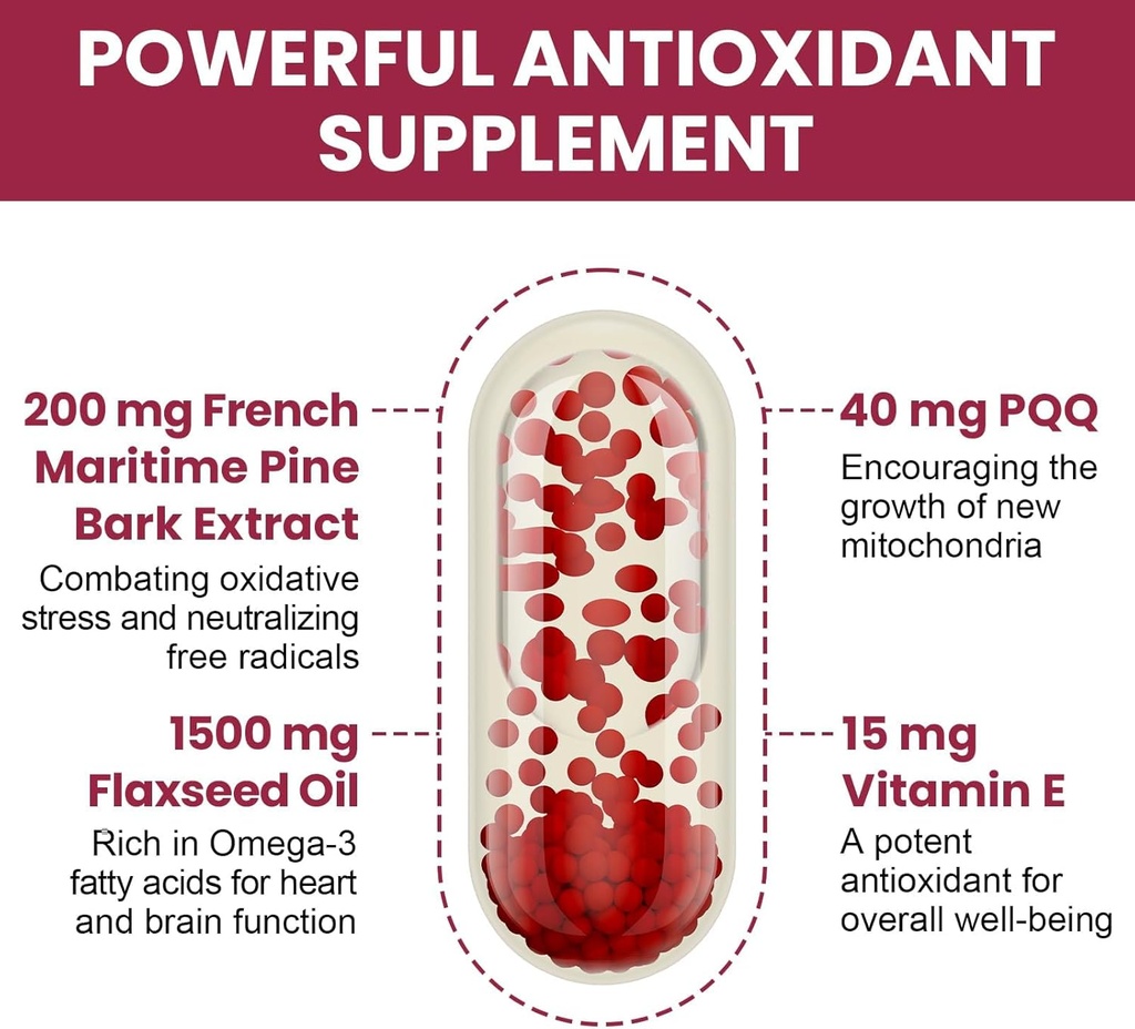 200 mg Pycnogeno with PQQ, Premium French Maritime Pine Bark Extract, Unique Dual-Delivery for Maximum Absorption, Pine Bark Extract for Vascular & Heart & Joint Function - 120 Vegan Softgels 4