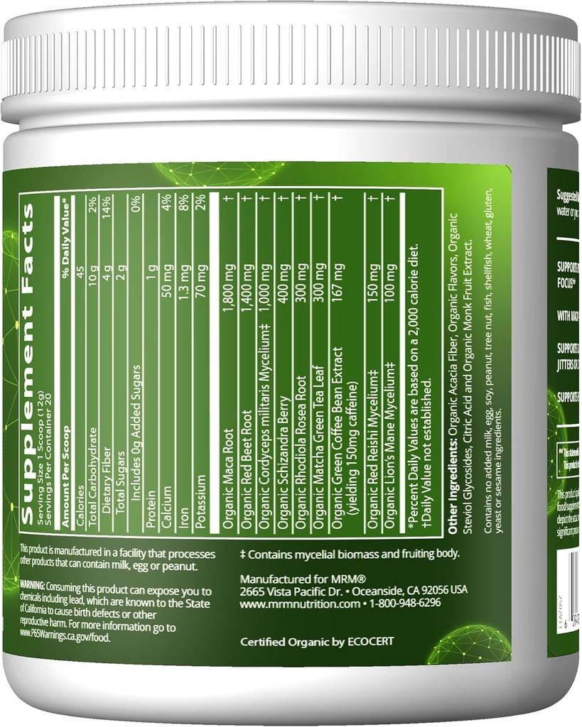 MRM Nutrition Organic Pre-Workout Powder | Island Fusion Flavored | Superfoods + 150mg Natural Caffeine + adaptogens | Clean Energy + Focus| Healthy Blood Flow | Vegan + Non-GMO | 20 Servings 4