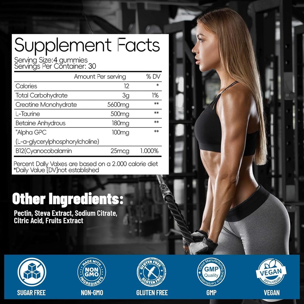 Creatine Monohydrate Gummies for Men & Women 120 CT - 5600mg of Creatine Monohydrate per Serving, Chewable Creatine Monohydrate for Muscle Support & Energy Boost, Sugar Free, Vegan (Blueberry Flavor) 3