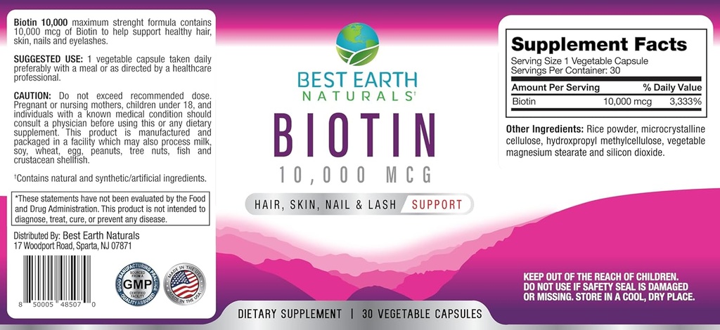 Best Earth Naturals Biotin 10,000mcg - Extra Strength Biotin Vitamin Supplement to Support Hair Growth, Strong Nails, Long Eye Lashes and Healthy Skin 4