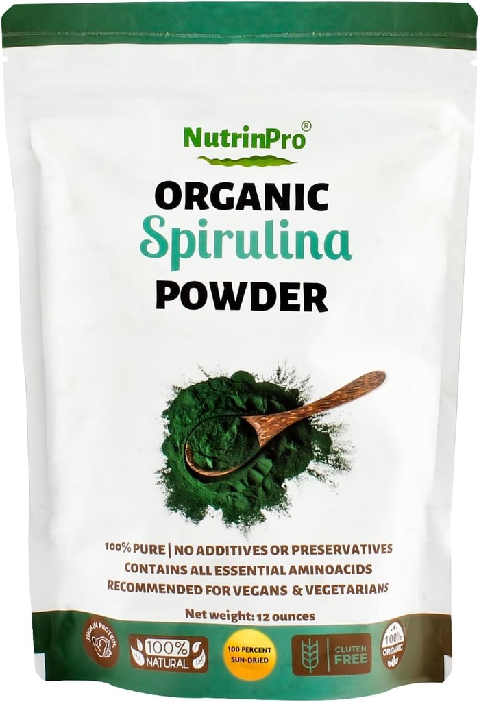 USDA Organic Spirulina Powder for Juice and Smoothy Mix; 100% Natural and Gluten Free, with High Protein, Vitamins, Antioxidants and Minerals (12 Ounces) (1) 2