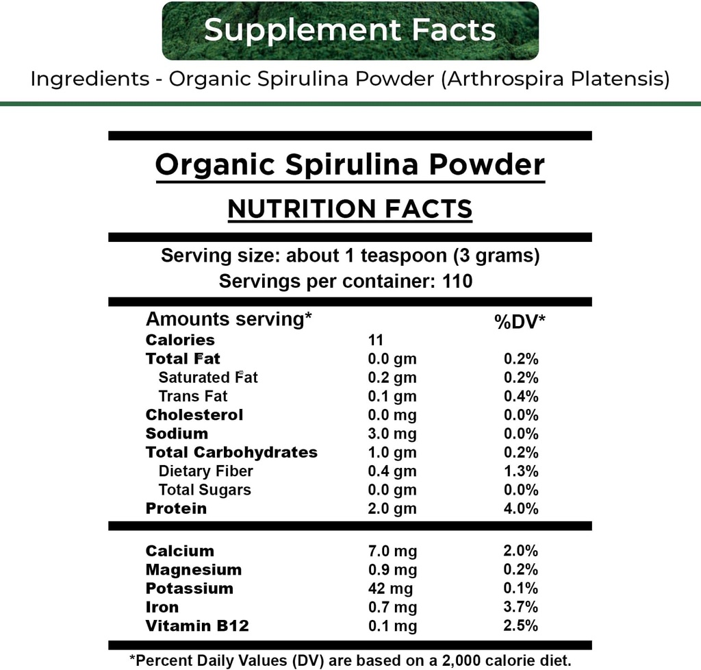 USDA Organic Spirulina Powder for Juice and Smoothy Mix; 100% Natural and Gluten Free, with High Protein, Vitamins, Antioxidants and Minerals (12 Ounces) (1) 3