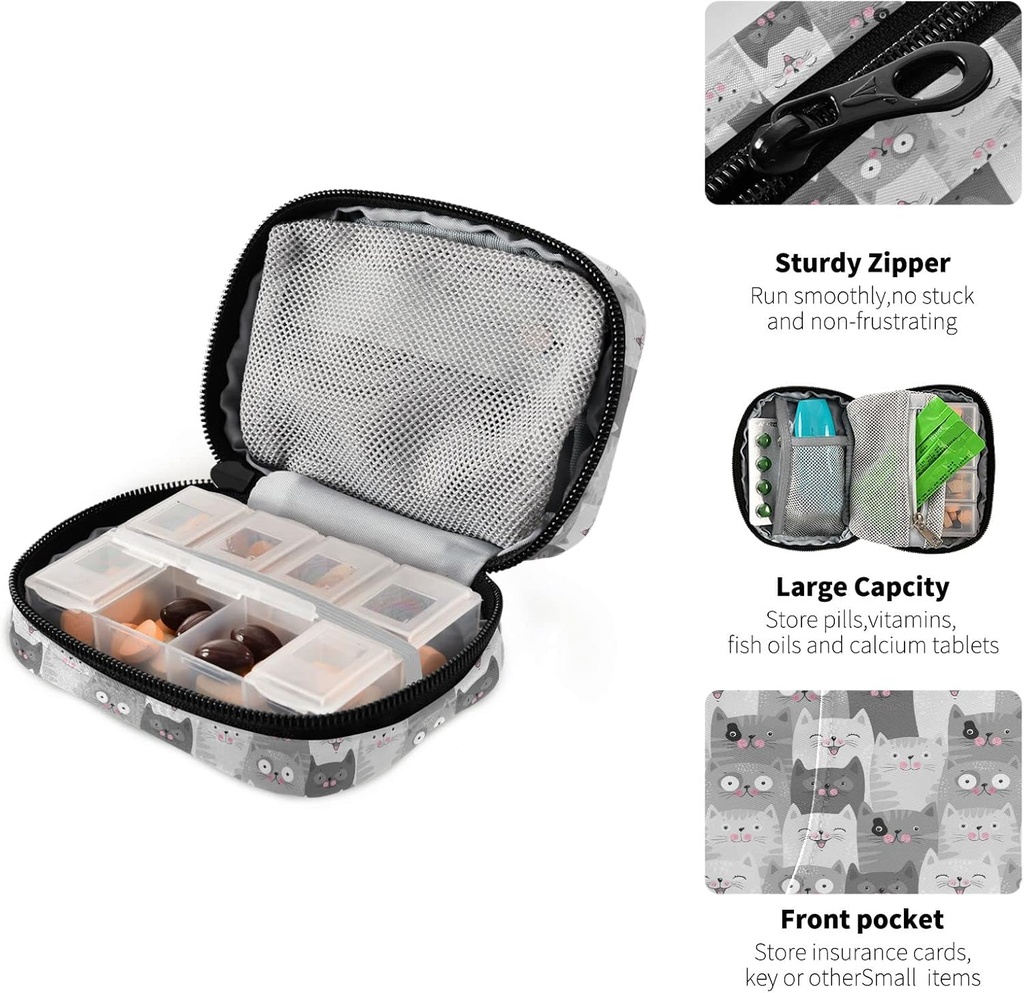 Grey Cats Pill Box 7 Day Pill Case Bag Travel Pill Organizer Bag with Zipper Portable Weekly Case Compact Size for Vitamin Supplement Holder 5