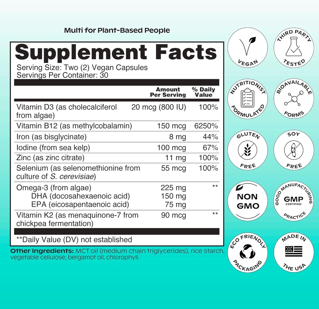 wholier Plant Based Multivitamin Vegan Omega-3 DHA EPA, Vitamin D, B12, Zinc, Vitamin K2, Iron, Iodine, Selenium. 60 Count (30-Day Supply) Glass Bottle 6