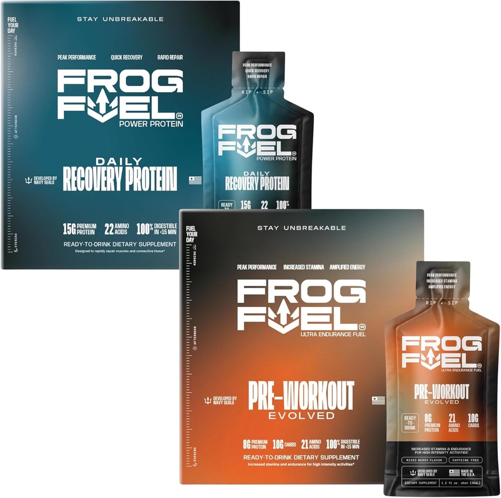 Frog Fuel Power Regular Protein & Ultra Pre Workout Shot Bundle, 1500mg Beta Alanine, 15g Protein Nano-Hydrolyzed Grass Fed Collagen, Pre & Post Workout, 1.2 oz Packets, 48 Pack 2