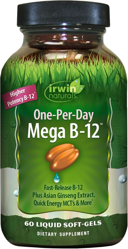 Irwin Naturals One-Per-Day Mega B-12 1,500mcg High Potency Methylcobalamin Vitamin - Fast Enhanced Absorption with MCT + Asian Ginseng - Natural Energy Boost - 60 Liquid Softgels 2