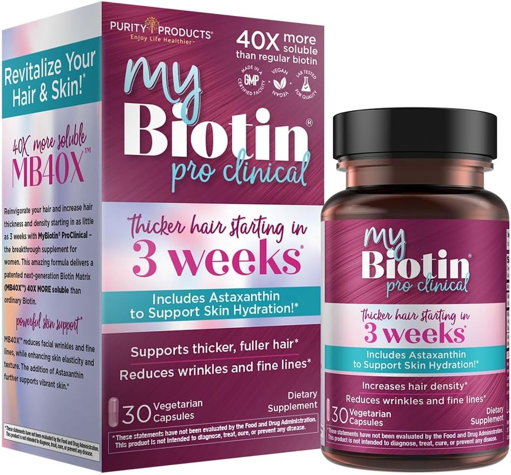 Purity Products MyBiotin ProClinical – Thicker Hair Starting in 3 Weeks & Fights Wrinkles - MB40X Patented Biotin Vitamin B7 Matrix w/Astaxanthin - 40X More Soluble vs Ordinary Biotin, 30 Veg Capsules 2