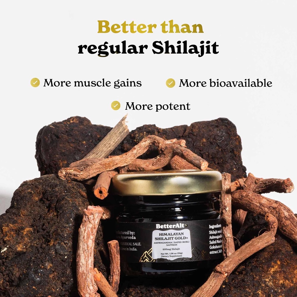 Better Alt Pure Himalayan Shilajit Gold+(30gm)|Enhances Recovery & Boosts Strength|16,000 ft Sourced Blend with Ashwagandha, Safed Musli,Gokshura|Shilajit gold for men & women|Vegan & Lab Tested-600mg 5