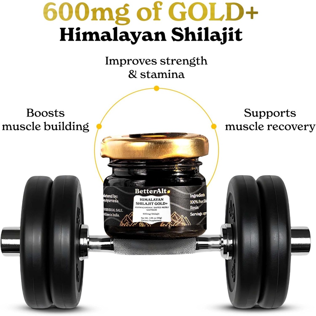 Better Alt Pure Himalayan Shilajit Gold+(30gm)|Enhances Recovery & Boosts Strength|16,000 ft Sourced Blend with Ashwagandha, Safed Musli,Gokshura|Shilajit gold for men & women|Vegan & Lab Tested-600mg 6