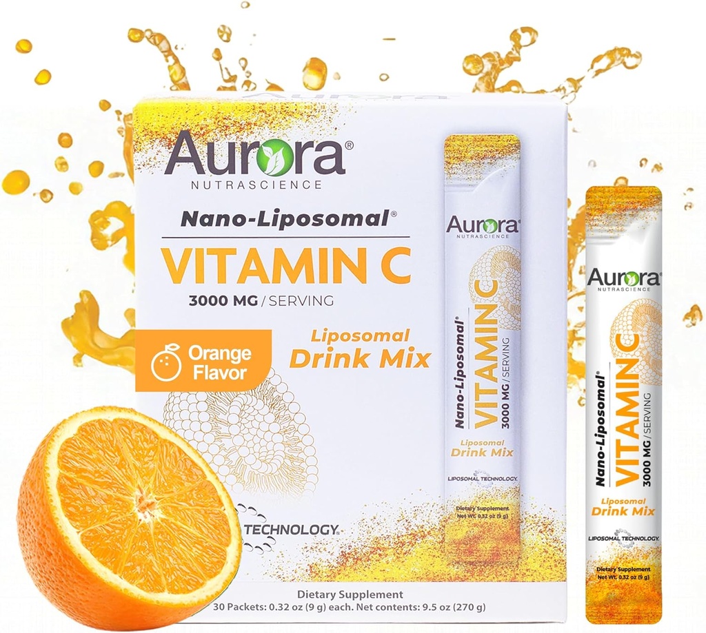 Aurora Nutrascience Nano-Pack Liposomal Vitamin C Powder Drink Mix, Immune Support, High Strength 3,000 mg Per Serving, 30 Single Serve Packets, Orange 3