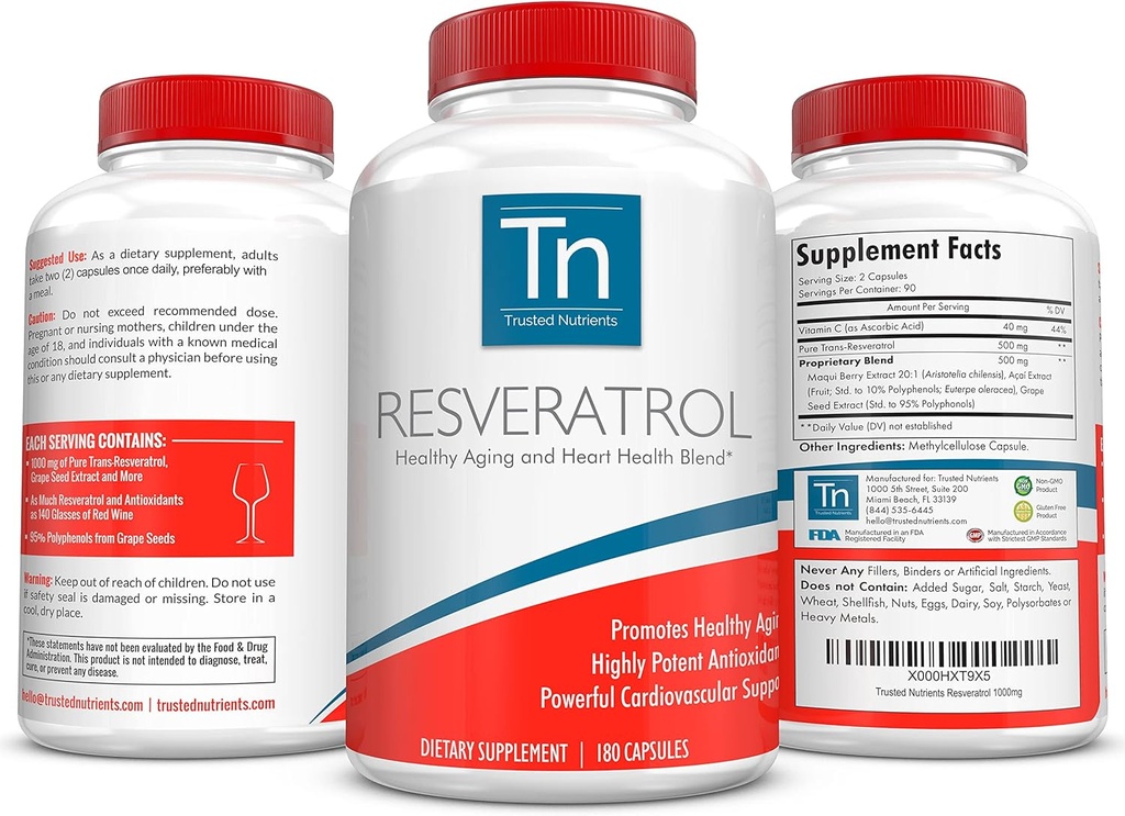 Trusted Nutrients Resveratrol Supplement - Healthy Aging and Heart Health Blend – with Trans Resveratrol, Grape Seed Extract, Acai Berry and Maqui Berry – 1000 mg 180 Capsules 3