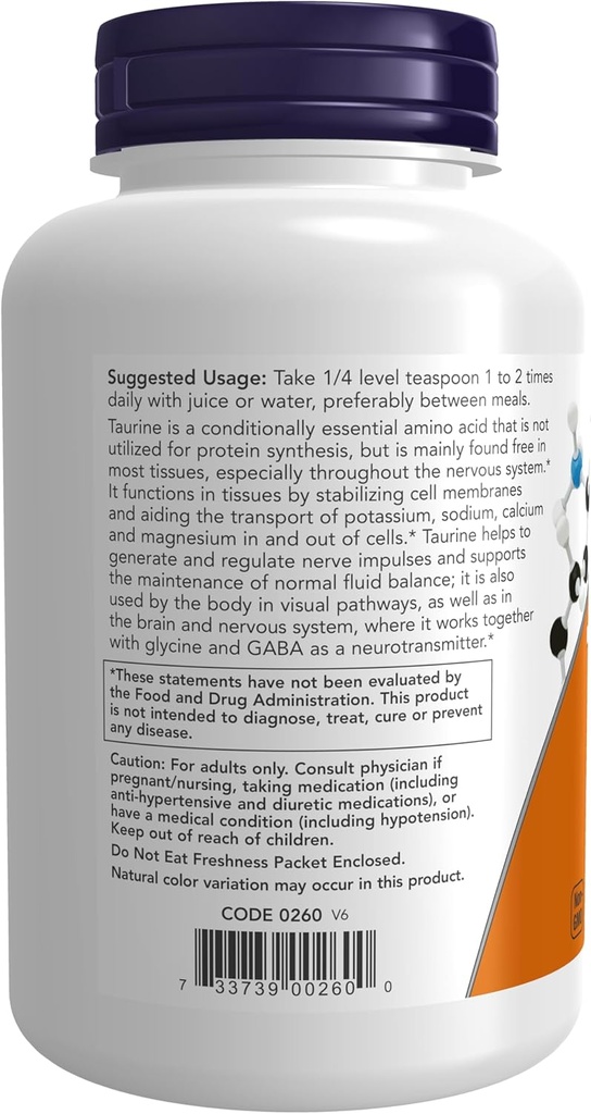 NOW Supplements, Taurine Pure Powder, Nervous System Health*, Amino Acid, 8-Ounce (Pack of 2) 4