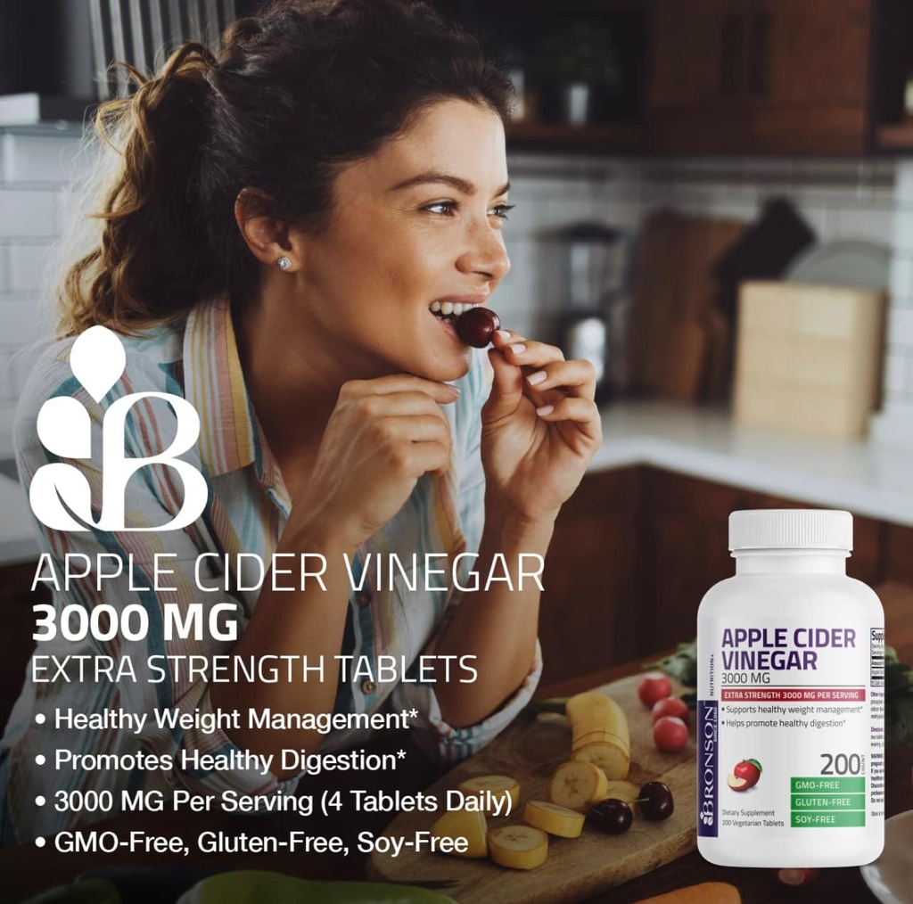 Bronson Apple Cider Vinegar 3000 MG per Serving Extra Strength - Non-GMO, 200 Vegetarian Tablets 5
