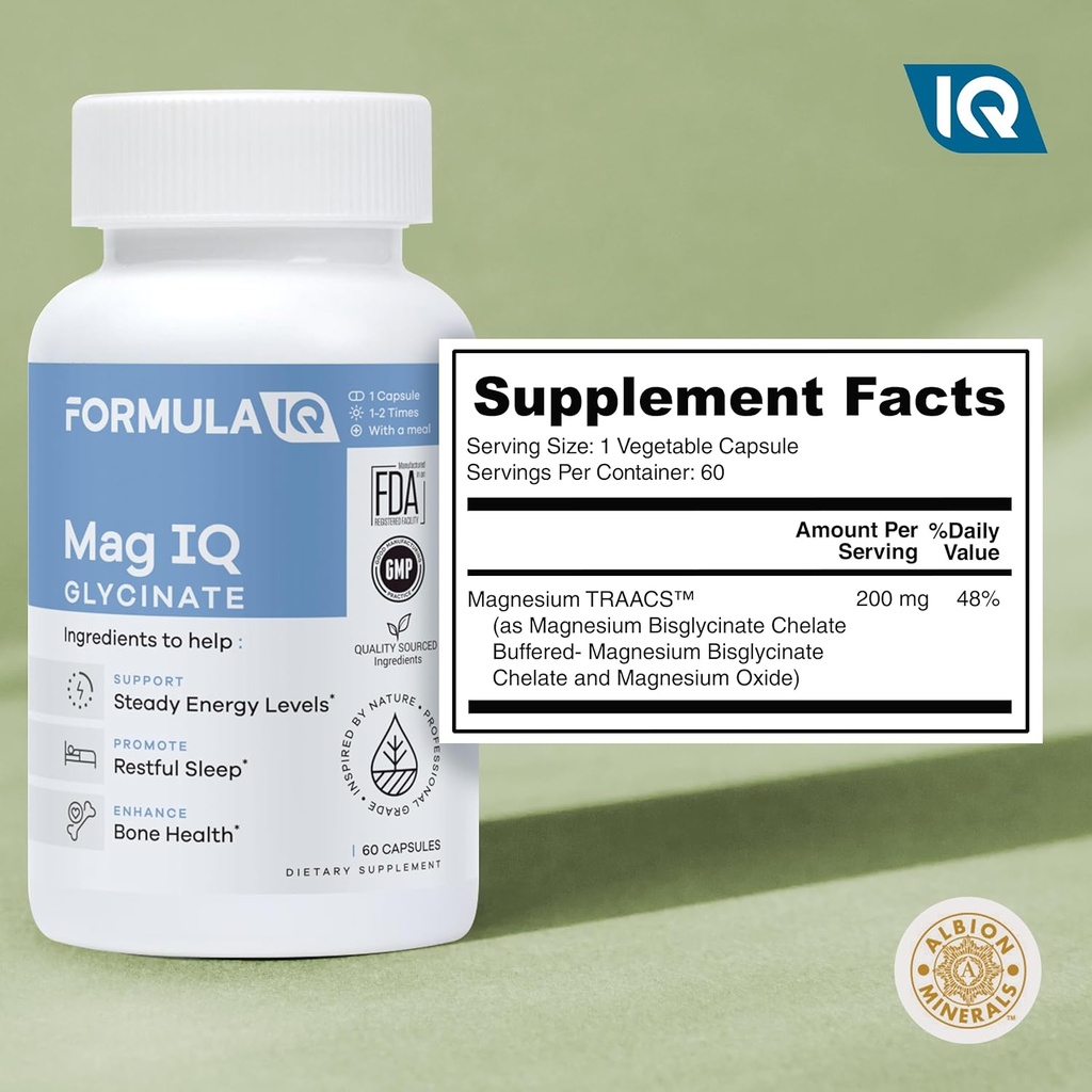 FIQ - Mag IQ Glycinate - Magnesium Bisglycinate Chelate TRAACS - High Absorption Magnesium Glycinate Supplement - Sleep, Daily Energy, & Bone Wellness - 60 Capsules 5