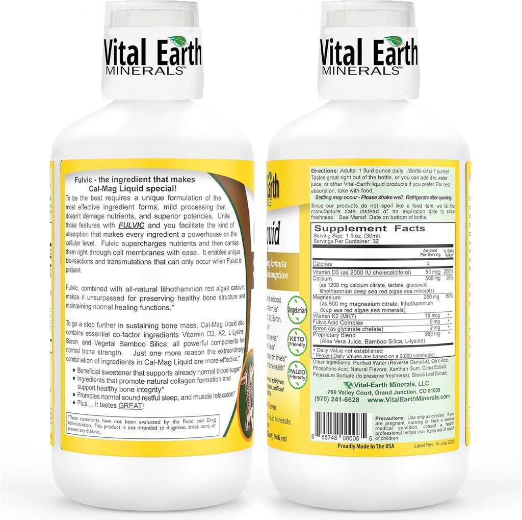 Vital Earth Minerals Cal-Mag Liquid – Calcium Magnesium Supplement with Vitamin D3, K2, Boron, and Fulvic Acid for Faster Absorption, 32 Oz Ea + 1 Oz Cup 3