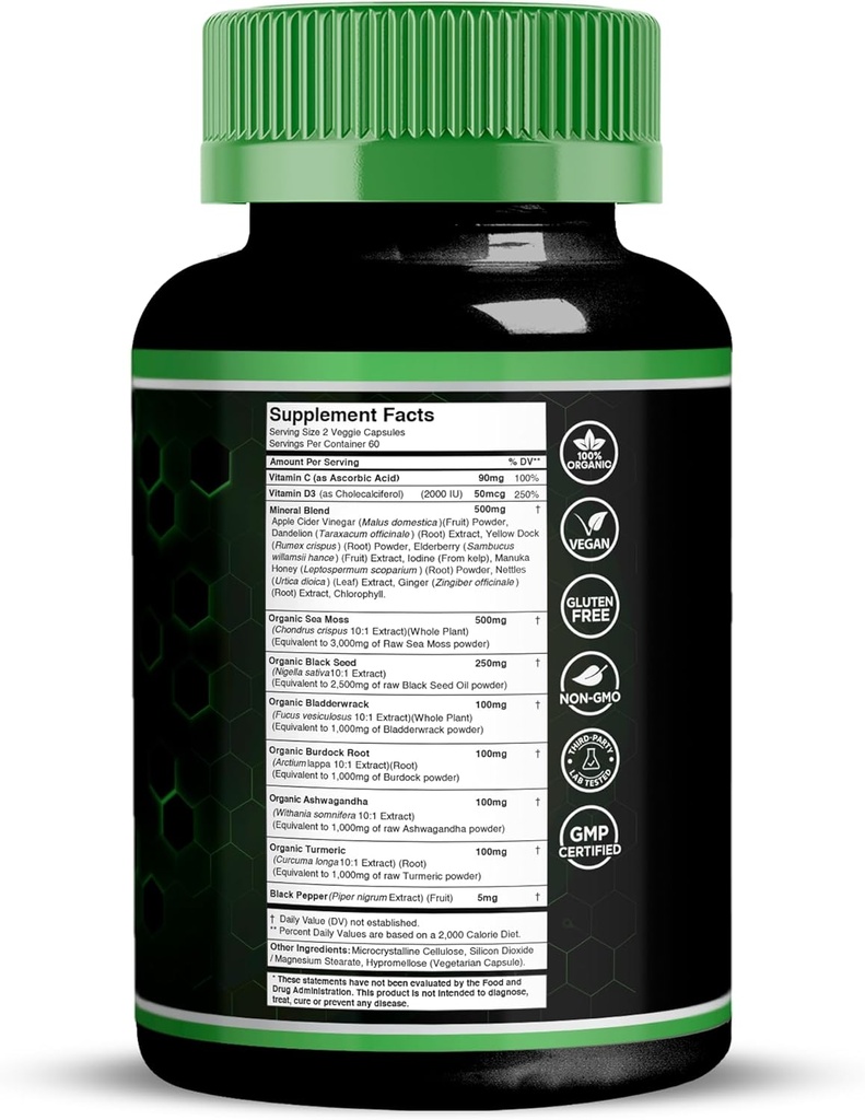 Irish Sea Moss Capsules, 17-in-1, Seamoss Black Seed Oil, 120 Count, Ashwagandha Burdock Root Organic Bladderwrack Capsules | Organic Sea Moss Advanced, Immune and Blood Pressure Support 3