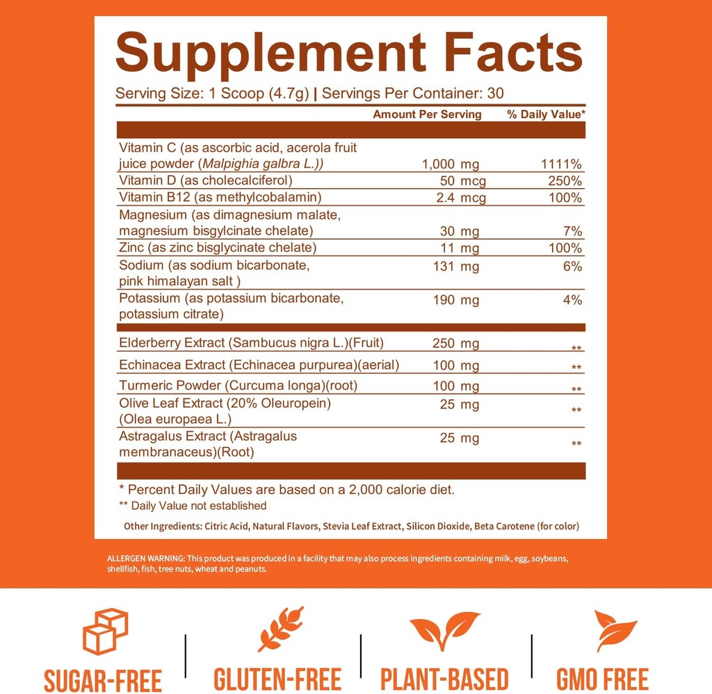 GOBIOTIX Vitamin C - Immune Defense Support Supplement - Immunity Powder Wellness Booster - Vegan Superfood - Elderberry, Turmeric, B12 Vitamin Supplement, Non-GMO and Sugar Free (Orange) 6